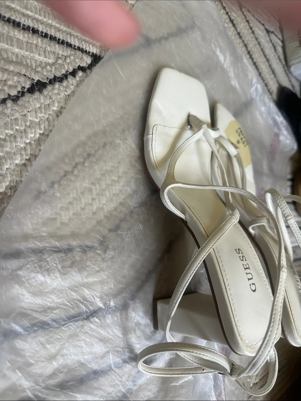 GUESS Cream Strappy Square-Toe Block Heel Sandals